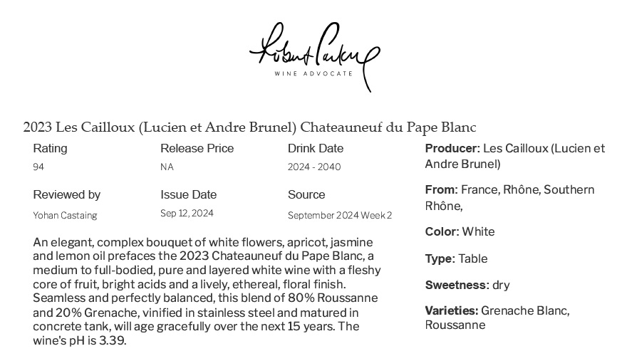 Wine rating - Robert Parker, Wine Advocate - Les Cailloux blanc 2023