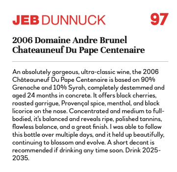 Jeb Dunnuck - Wine rating Centenaire 2006