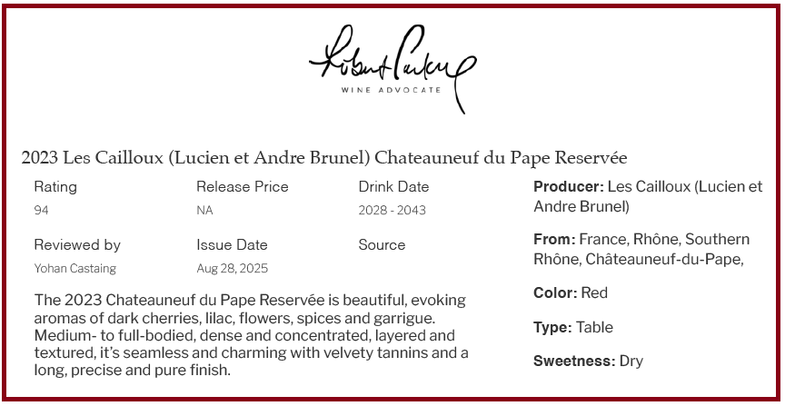 Note Wine Advocate Châteauneuf-du-Pape Cuvée Réservée 2023